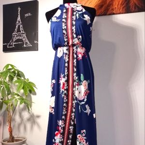 Long blue flora summer dress with sexy modest front slit. Sz s three pink hearts